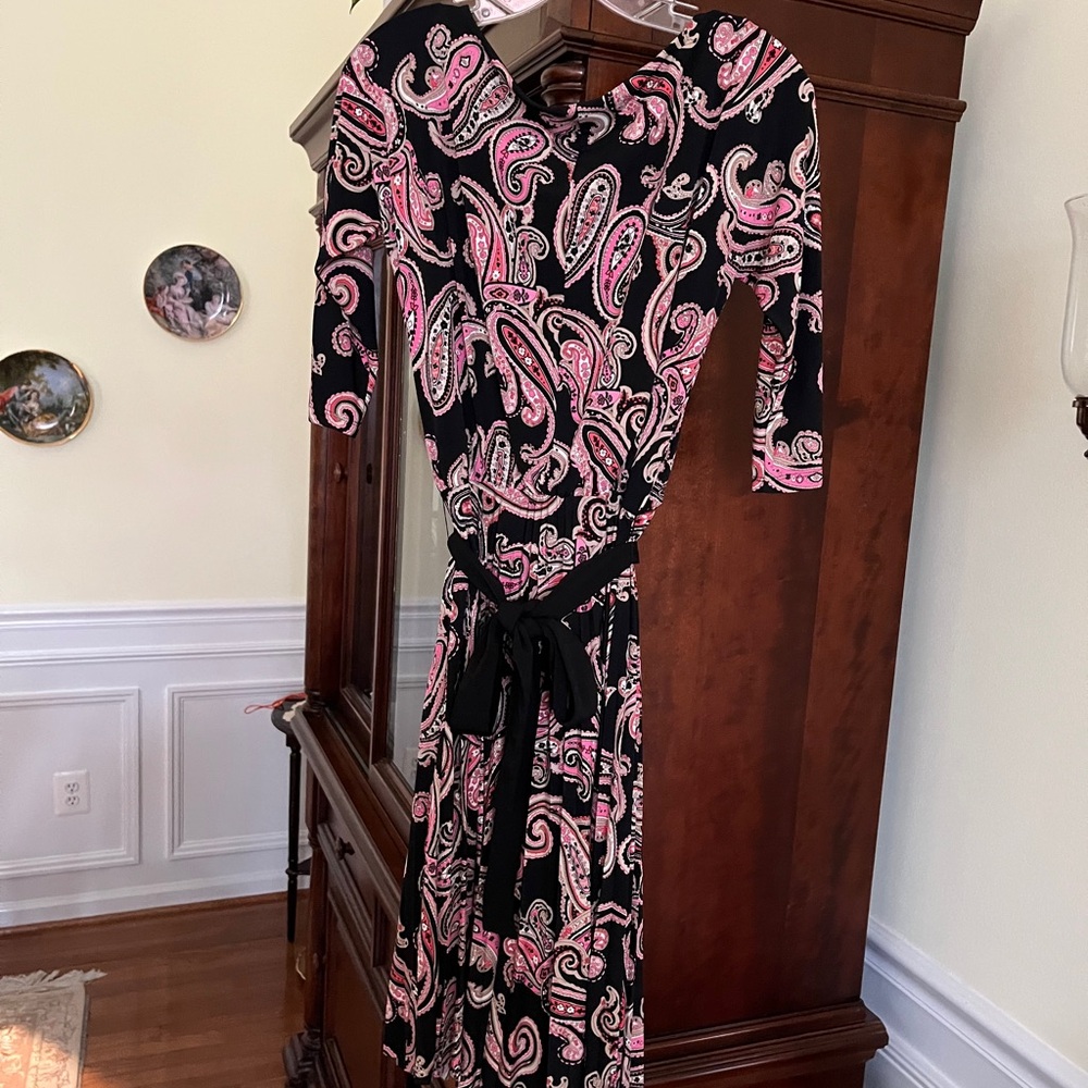 Black and pink paisley dress with a black belt